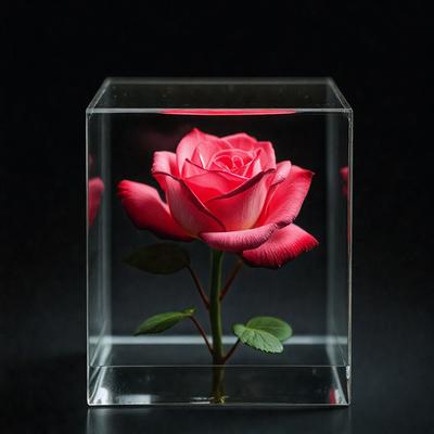 The primary subject of the image is a single red rose, which is placed inside a clear glass cube. The rose is the focal point of the image, and it is displayed in a minimalist and elegant manner. The setting is a dark background, which contrasts with the bright red color of the rose. The visual style is a close-up of the rose, emphasizing its details and texture. The colors and mood of the image are predominantly dark and moody, with the red rose serving as a striking contrast against the